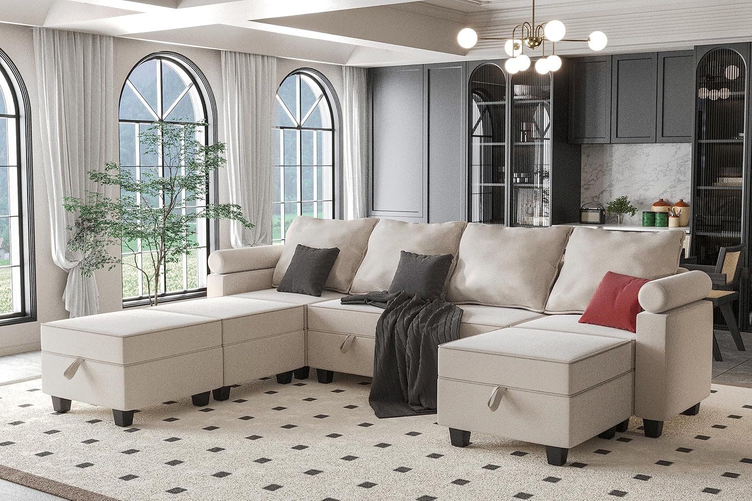 Kingfun Modular Sectional Sofa, Convertible 7-seated Couch with Storage Seat and Adjustable Armrest, Reversible Chaises and Ottoman