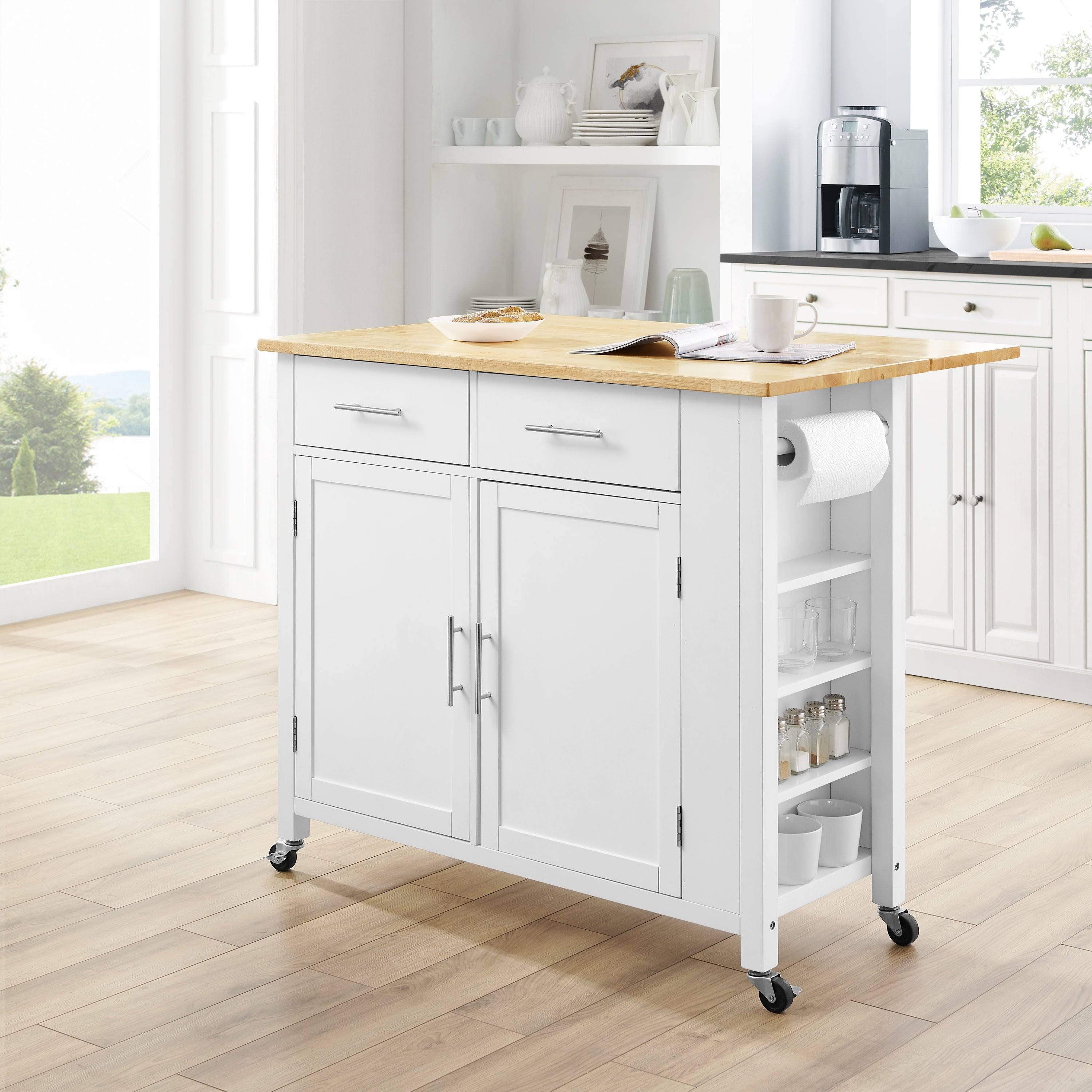 Crosley Savannah Drop-Leaf Kitchen Island Cart White Natural Wood Top