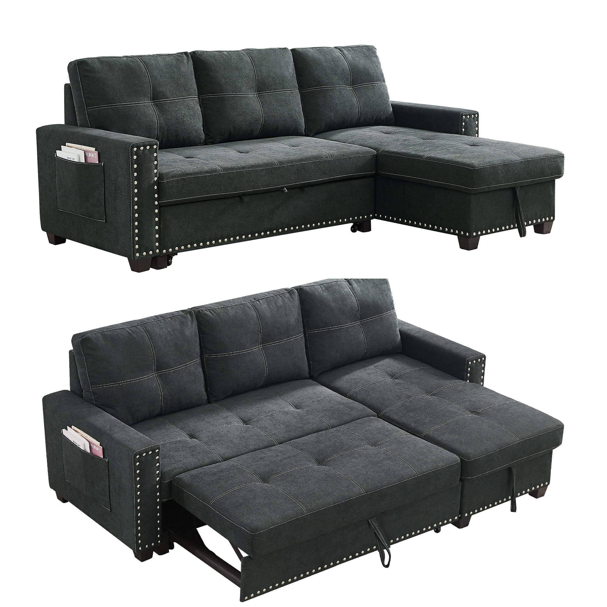 Muumblus 82" Sleeper Sofa Bed Reversible Sectional Couch with Storage Chaise, Modern Queen Size Convertible Pull Out Sofa Bed for Living Room