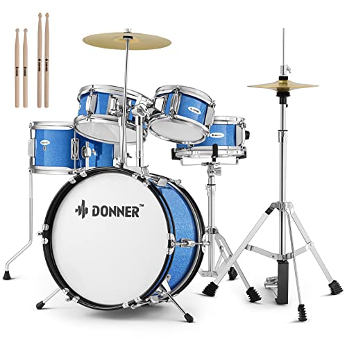 Kid Drum Sets-Donner 5-Piece for Beginners, 14 inch Full Size Complete Junior Drum Kit with Adjustable Throne, Cymbal, Hi-Hat, Pedal & Drumstick