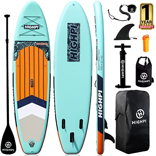 Highpi Inflatable Stand Up Paddle Board Premium SUP Accessories, Backpack, Wide Stance, Surf Control, Non-Slip Deck, Leash, Paddle and Pump