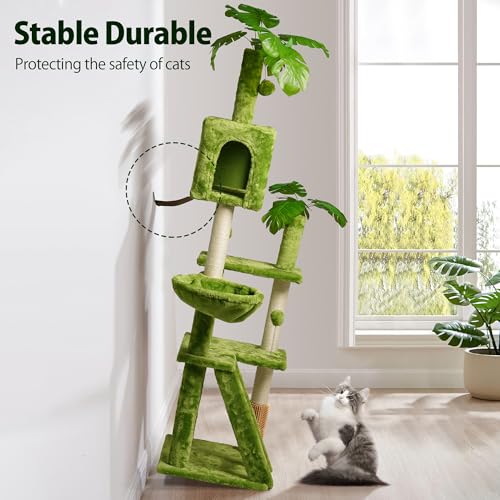 77in Cat Tree with Leaves for Indoor Cats Large Adult,Tall Cat Tower with Scratching Post, Large Cat Tree with Two Cat Condos, Soft Hammocks