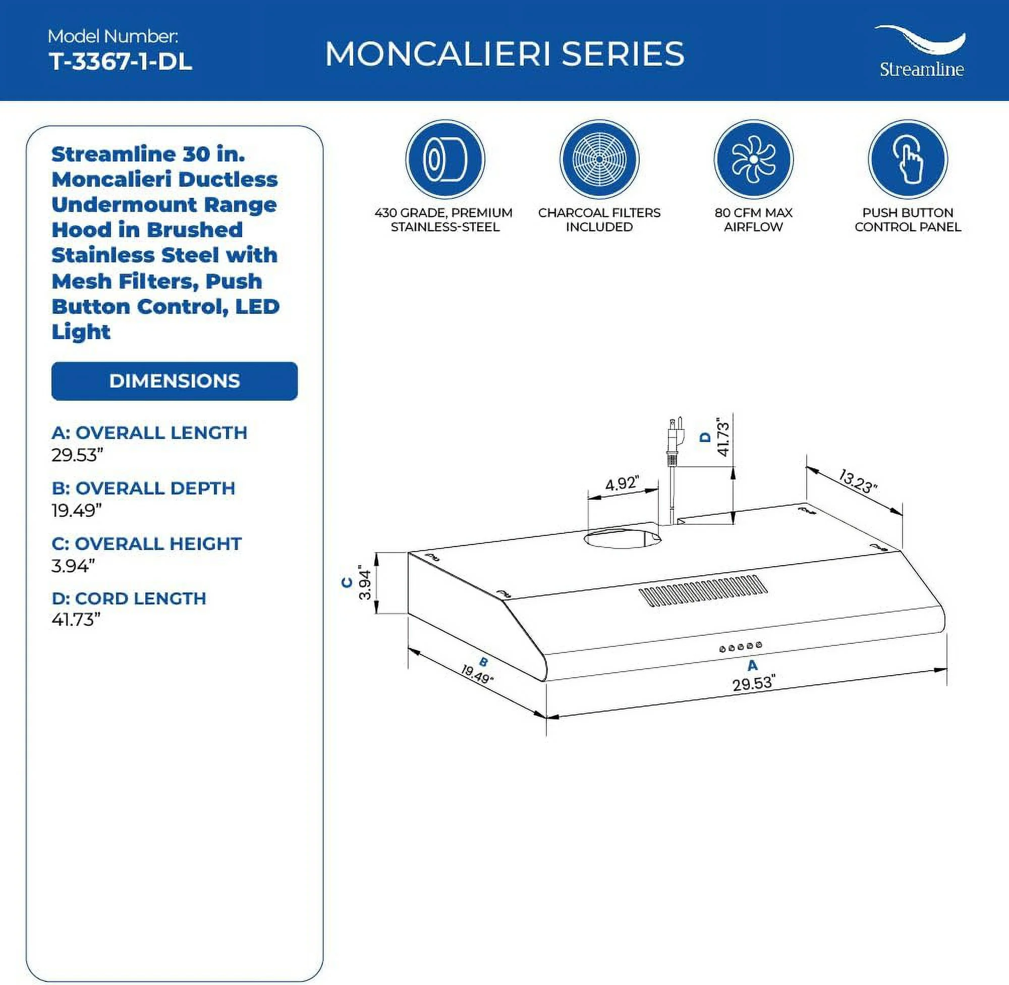 Streamline 30 in. Moncalieri Ductless Undermount Range Hood in Brushed Stainless Steel with Mesh Filters, Push Button Control, LED Light