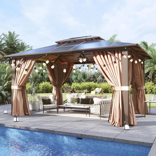 Aoxun 12'x10' Hardtop Gazebo, Aluminum Frame Permanent Pavilion with Curtains and Netting, Outdoor Polycarbonate Double Roof Canopy