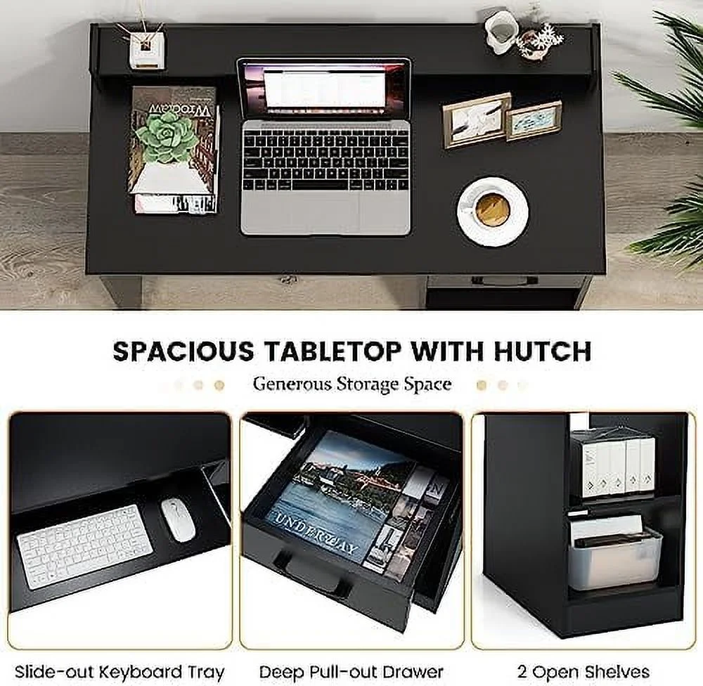 Computer Desk   Office Desk with Large Drawers  Hutch  Keyboard Tray  5-Position Adjustable Open Shelves  Easy Assembly  Writing Desk for Bedroom