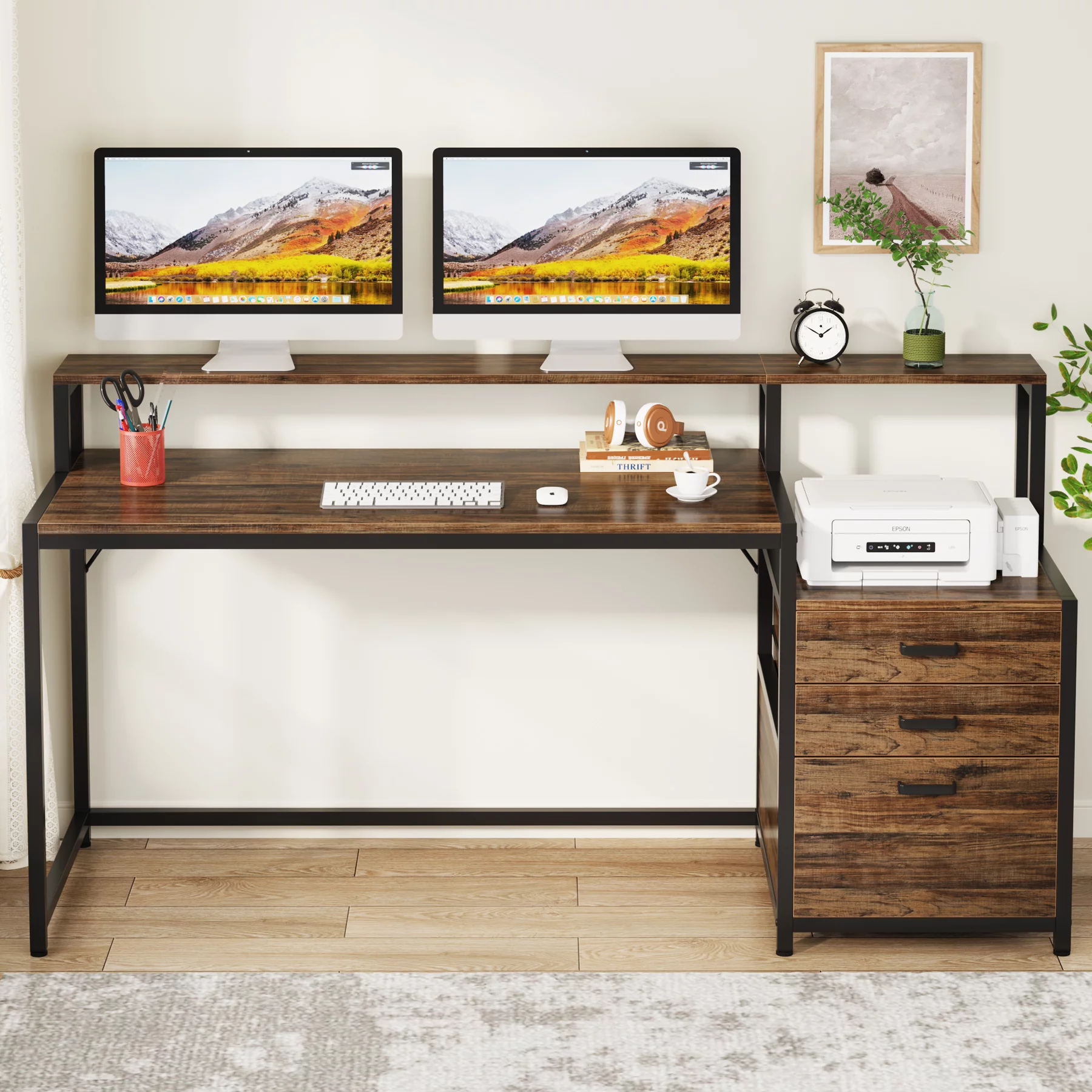 Tribesigns 63 Inch Computer Desk with Monitor Stand, Ergonomic Office Desks with Drawers File Cabinet