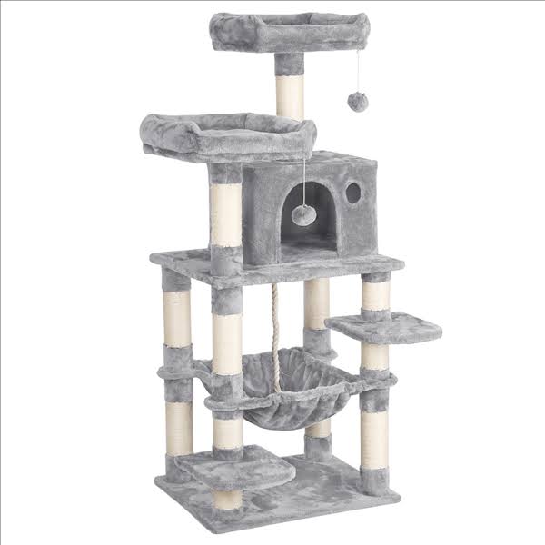 Yaheetech 58-in Cat Tree u0026 Condo Scratching Post Tower, Gray, Size: 24 x 19 x 59 (Large x W x H)