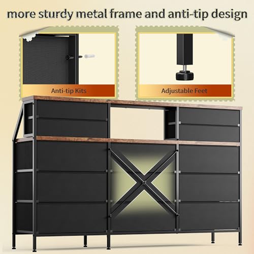 55" W Dresser for Bedroom, Dressers & Chests of Drawers with 13 Fabric Drawers and 2 Open Shelves, Long Vanity Dressers for Bedroom & Closet