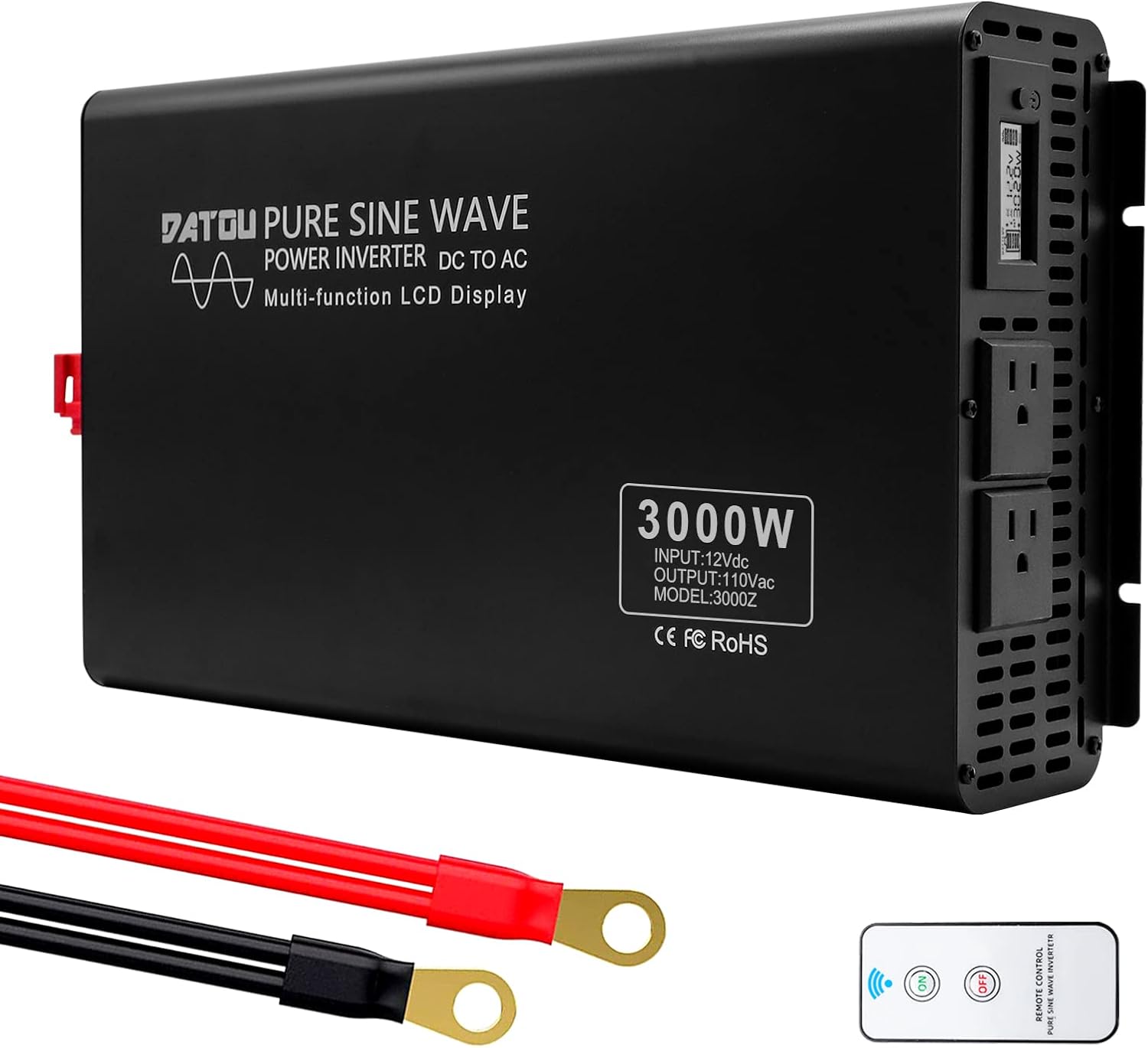 DATOUBOSS 3000W Power Inverter 6000W Peak Pure Sine Wave Inverter 12V DC to 110V AC with Dual AC Outlets & LED Display Car Converter(3000W 12-110V)