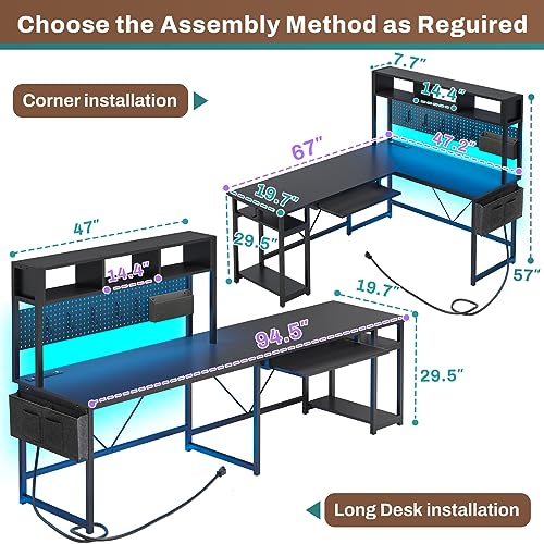 SEDETA L Shaped Gaming Desk, Reversible Computer Desk with Power Outlet and Pegboard, Gaming Desk with Led Lights