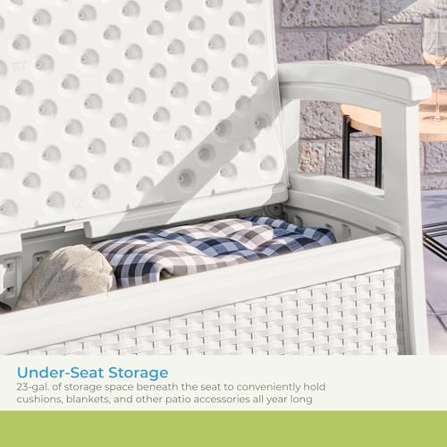 Suncast Elements Stylish Lightweight Loveseat Outdoor Seating with Convenient Built In Universal Storage, and All Weather Plastic, White