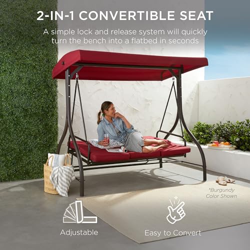 Best Choice Products 3-Seat Outdoor Large Converting Canopy Swing Glider, Patio Hammock Lounge Chair for Porch, Backyard w/Flatbed, Adjustable Shade