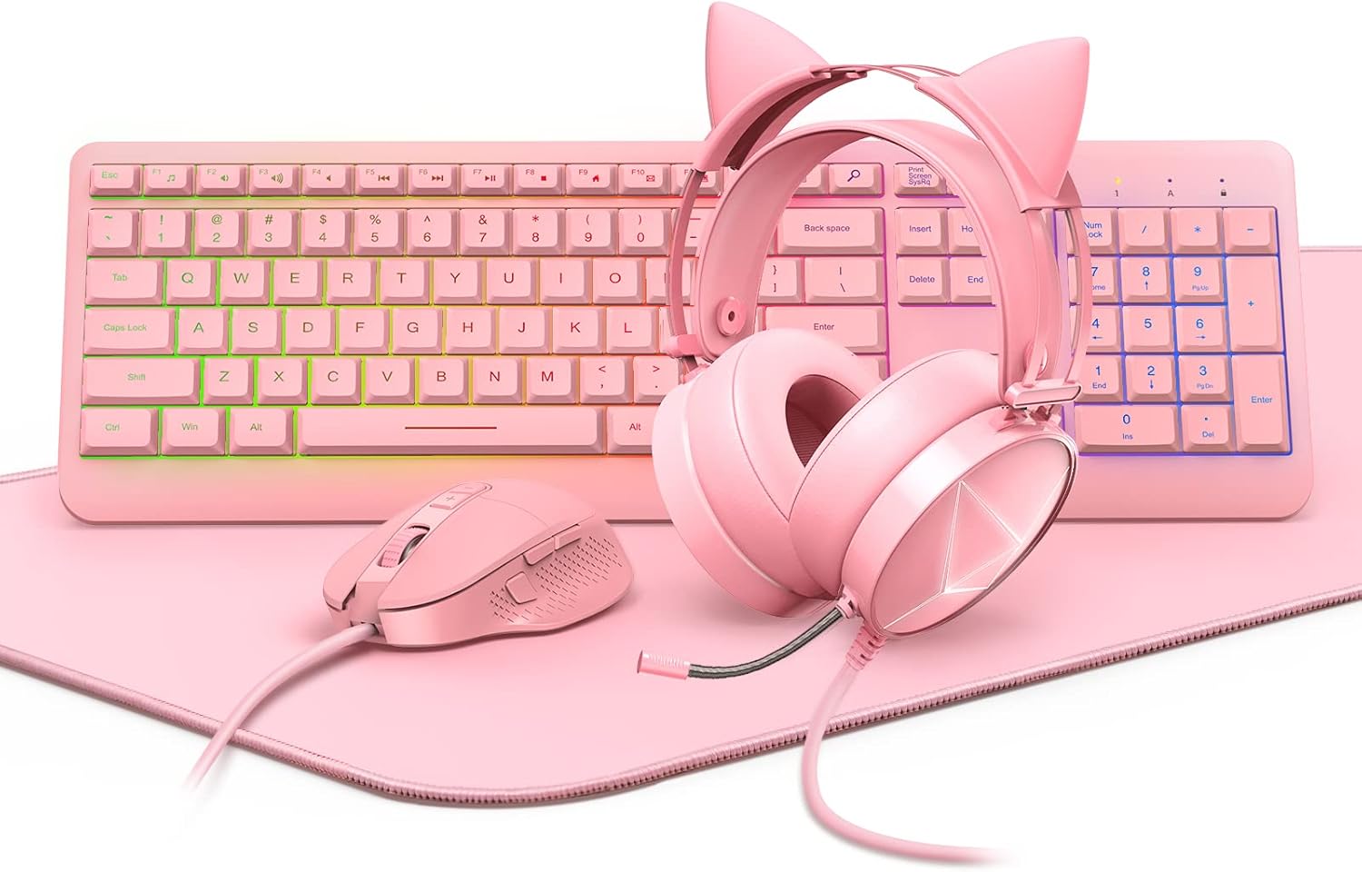 Pink Keyboard and Mouse, Cat Ear Headset & Mouse Pad(35x15 in) Combo, RGB Gaming Mice with 6400DPI