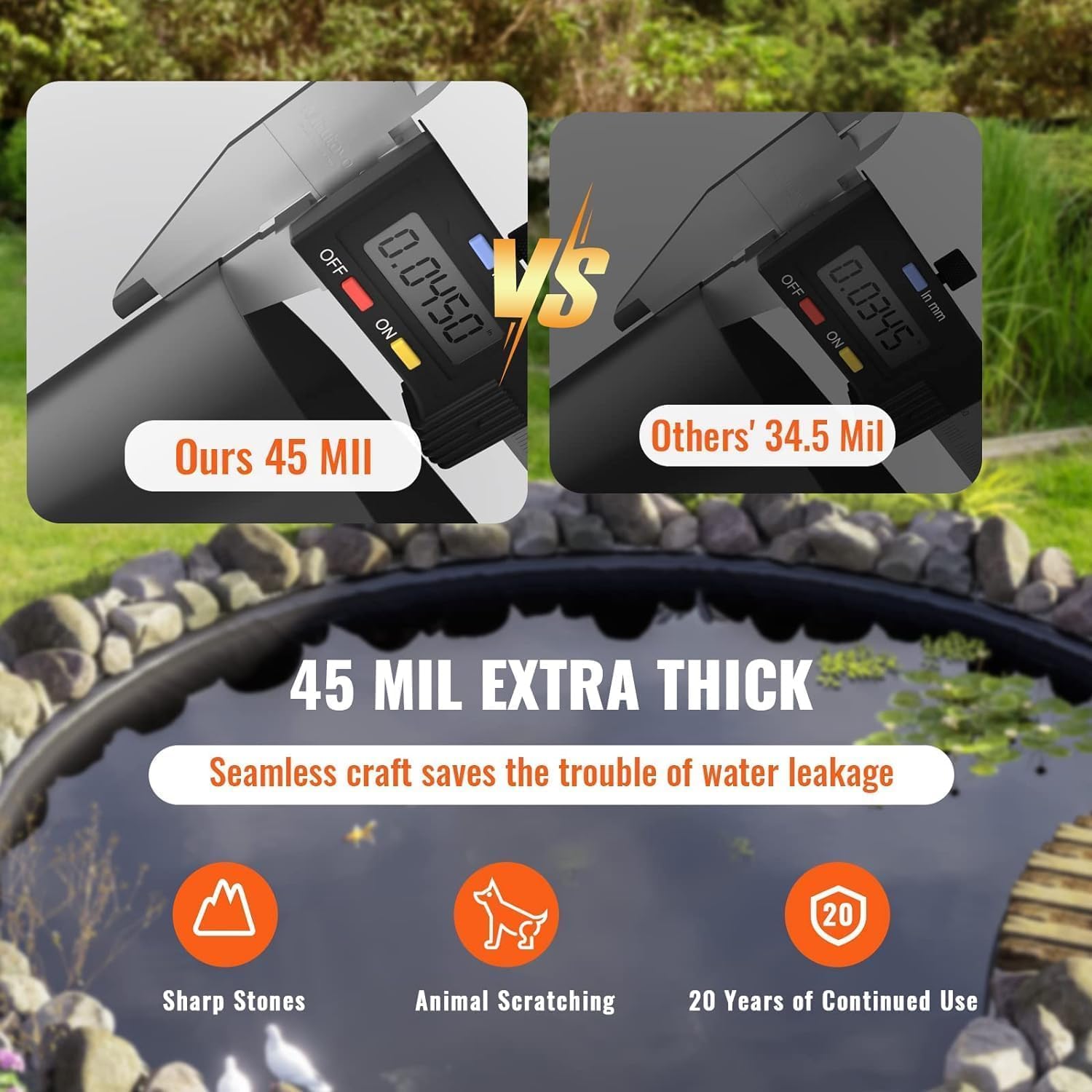 10x15 ft Pond Liner, 45 Mil Thickness, Pliable & Durable EPDM Material, Easy Cutting & UV Resistant, for Fish or Koi, Features, Waterfall Base
