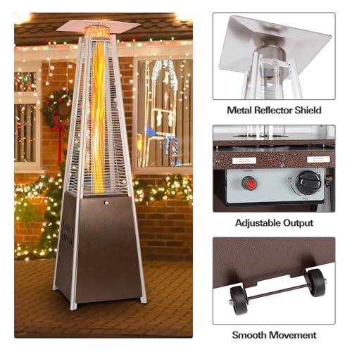 Hykolity Pyramid Patio Heater, 48000 BTU Glass Tube Propane Patio Heater with Wheels and Cover, Outdoor Propane Heaters for Patio, Backyard, Garden