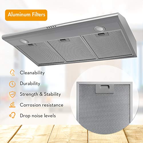FIREGAS Under Cabinet Range Hood with Ducted/Ductless Convertible, Slim Kitchen Over Stove Vent, LED Light, 3 Speed Exhaust Fan