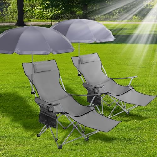 Karenhi 2 Set Beach Camping Chair with Umbrella for Adult Folding Reclining Camping Chair with Foot Rest Adjustable Clamp Canopy Shade for Outdoor