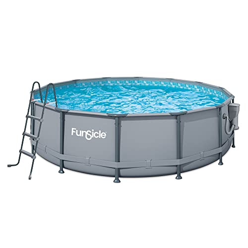 Funsicle 14' x 42" Oasis Designer Round Frame Above Ground Outdoor Swimming Pool Set with SkimmerPlus Filter Pump, Ladder, and Pool Cover, Gray