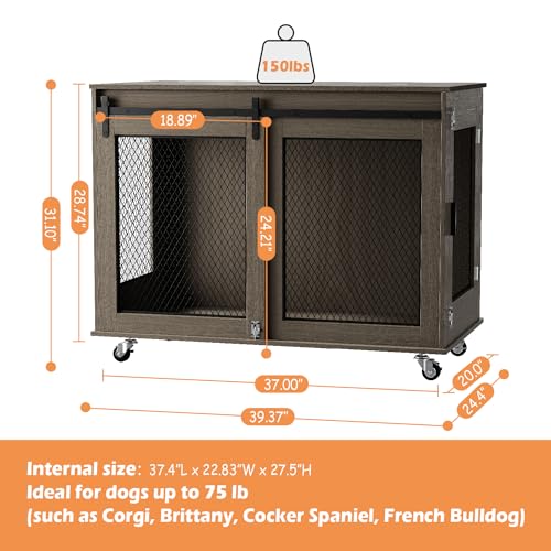 LINLUX 47 Inch XL Dog Crate Furniture, Wooden Heavy Duty Dog Kennel Indoor, Decorative Dog Cage Table for Extra Large Dogs, with Sliding Doors