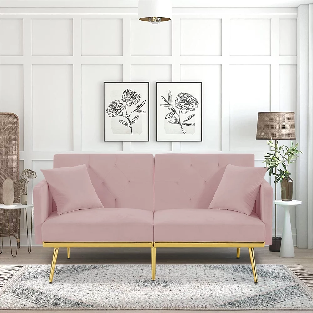 Pink Velvet Futon Couch, Folding Sleeper Sofa, Sofa Couch Bed with 2 Pillows, Modern Upholstered Loveseat Sofa with Gold Metal Legs