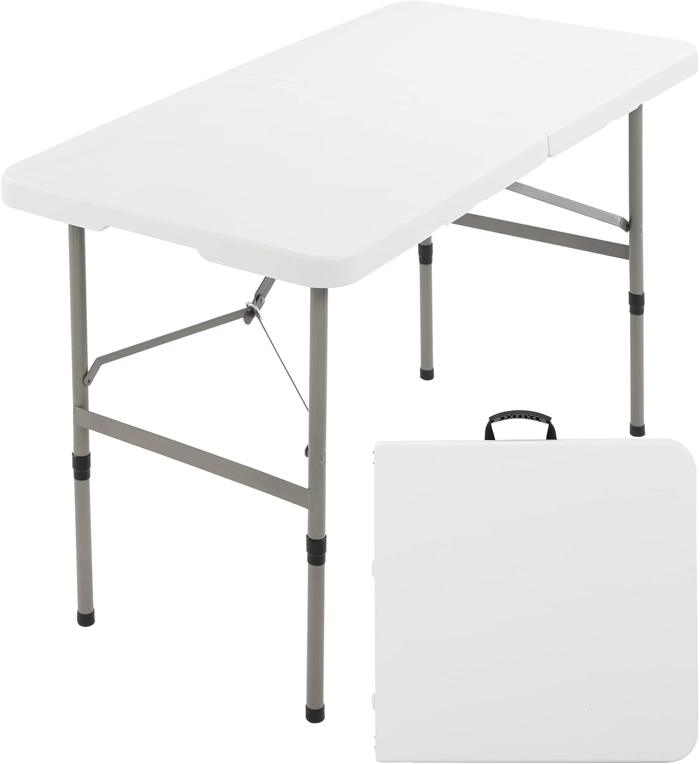 VINGLI 48 Round Bi-Folding Commercial Table, 4 Feet Portable Plastic Dining Card Table for Kitchen or Outdoor Party Wedding Event, White Granite