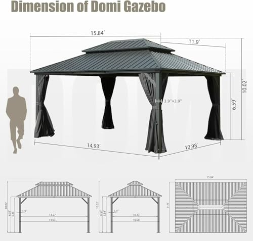 Domi 10’ x 10’ Hardtop Gazebo Metal Frame Canopy with Netting & Curtains