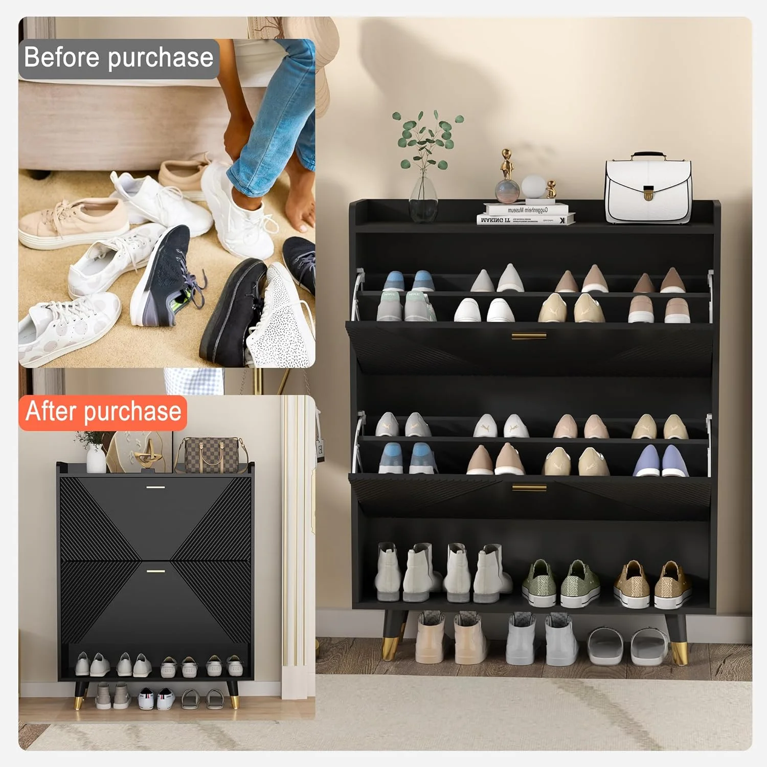 Shoe Cabinet for Entryway Slim: Hidden Shoe Storage Cabinet Black, Narrow Shoe Rack Cabinet Organizer with Doors, 2 Flip Drawer Shoe Cabinet