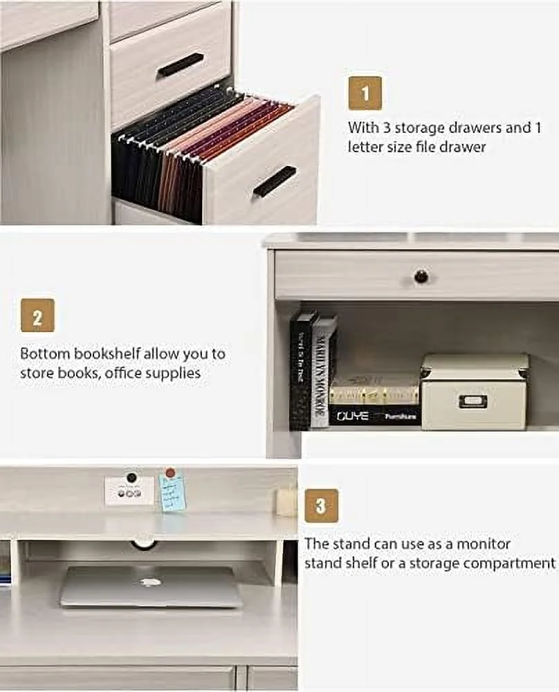 HJZUINIUNIU Computer Desk with 4 Drawers and Small Office Desk with File Drawers and Hutch Farmhouse Wood Writing Student Table for Home Office