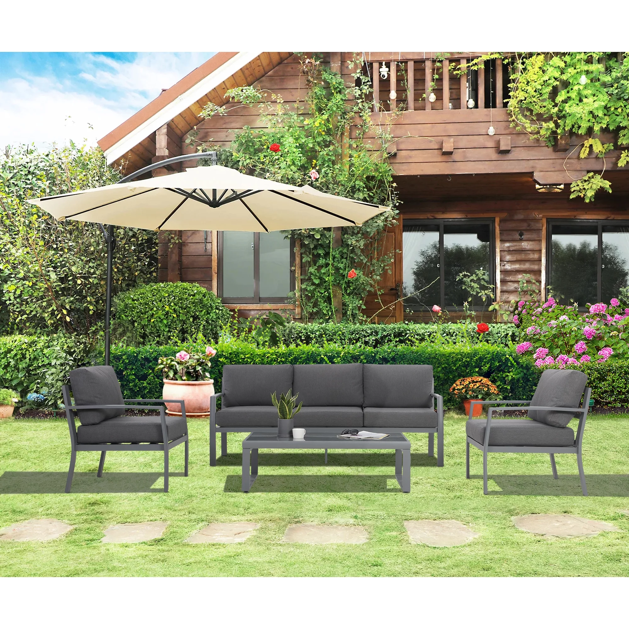 Superjoe Metal Patio Outdoor Furniture Set, 4 Piece Outdoor Deep Seating Conversation Sets with Tempered Glass Top Coffee Table
