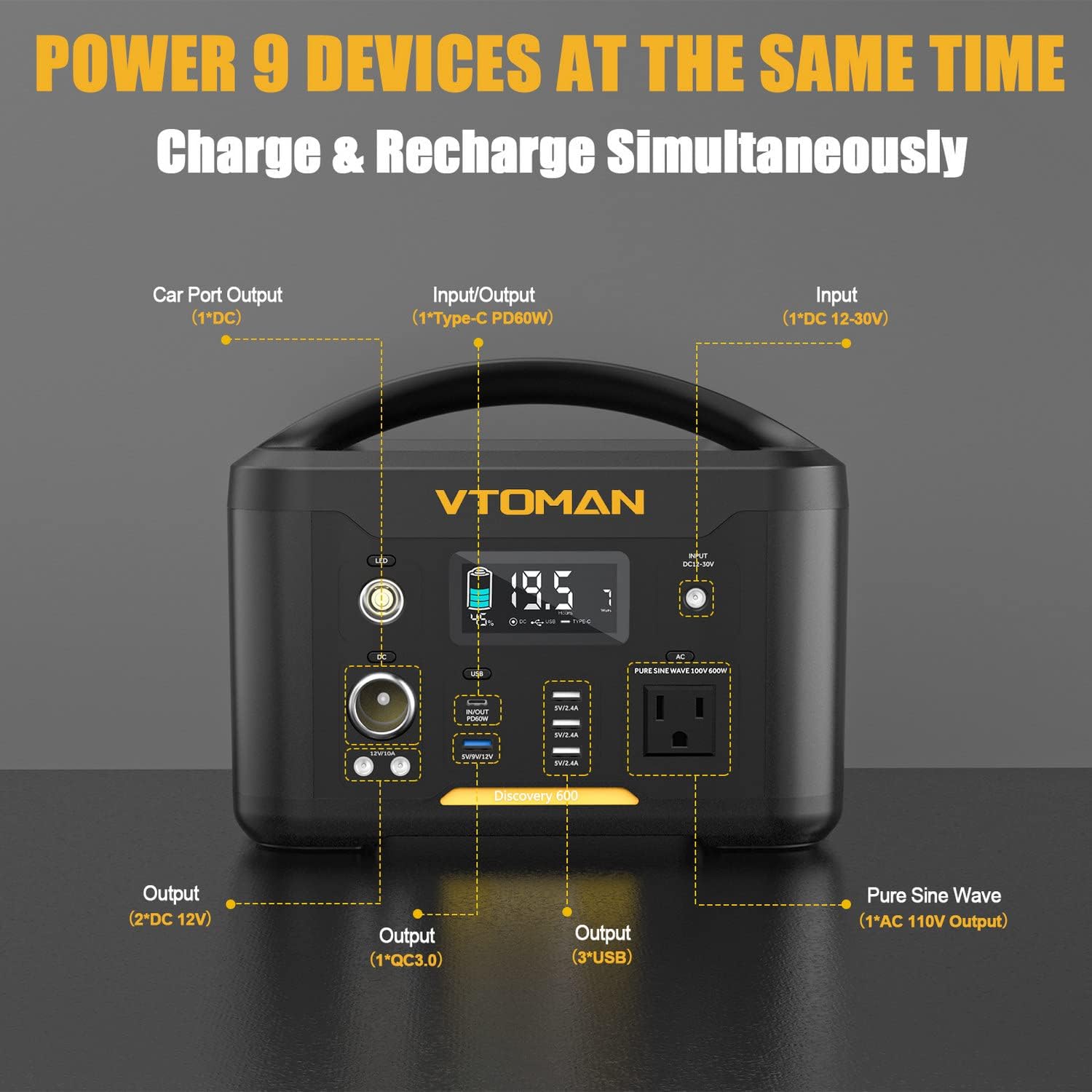 VTOMAN Portable Power Station 600W, 626Wh Battery Powered Outdoor Generator with 600W AC Outlet(Peak 1200W)/12V DC/60W PD/QC3.0