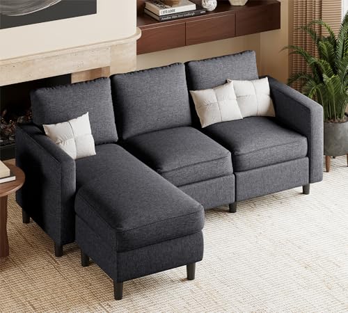 JAMFLY Sectional Sofa Couch for Living Room, Small 3-Seat L Shaped Couch with Chaise, Convertible Sofa Clearance Set for Small Space, Dark Beige