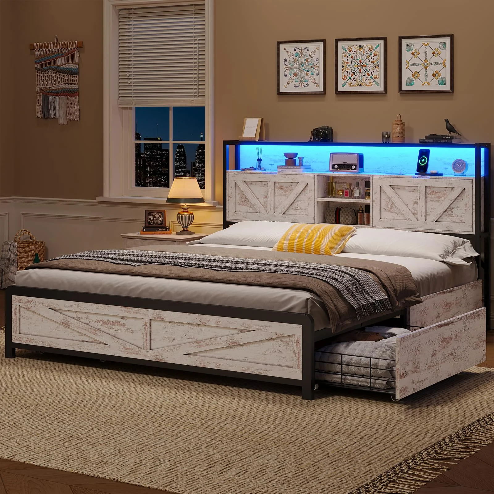 Full Size Bed Frame with Storage Headboard & 4 Drawers, Headboard with Hidden Storage, Farmhouse LED Bed Frame with USB-C/A Charging Station