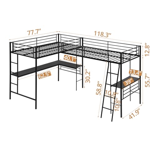 Twin Size L-Shaped Loft Bed with 2 Built-in Desks, Metal Loft Corner Bed with 2 Ladders and Safety Guard Rail