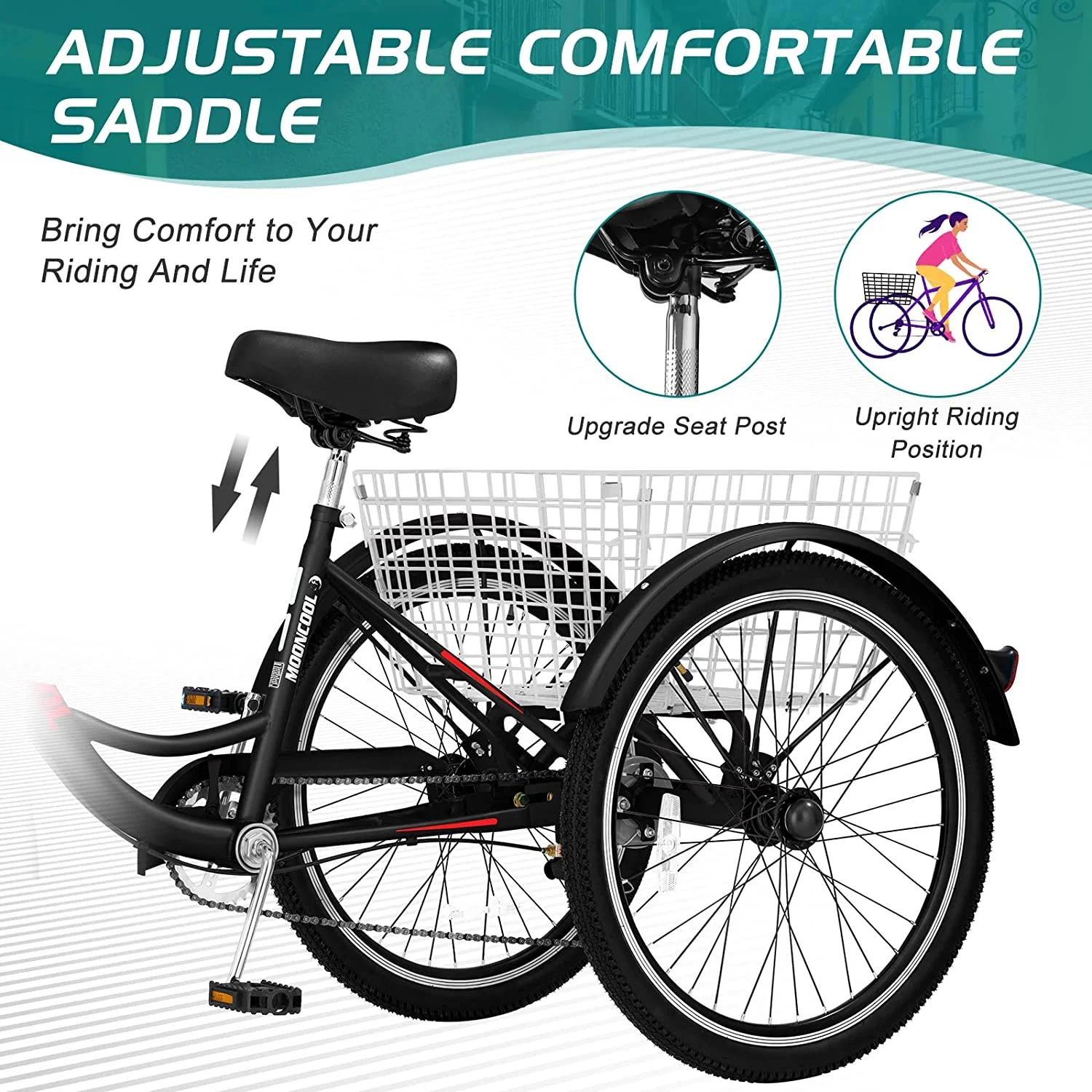 Docred Adult Tricycle 7 Speed 24 Inch Three Wheel Bike Cruiser Trike for Men/Women/Seniors
