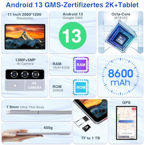 11 Inch Tablet Android 13 Tablets 16GB RAM 256GB ROM 1TB Expand 2024 Newest, 2K Display 2000 x 1200, Octa-Core, 8600mAh, Split Screen, Quad Speakers