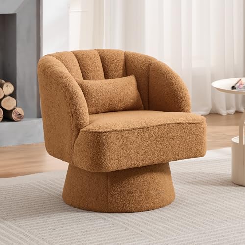 GarveeHome Modern Swivel Barrel Accent Chair, 360° Teddy Fabric Upholstered Armchair with Striped Backrest & Plush Padding