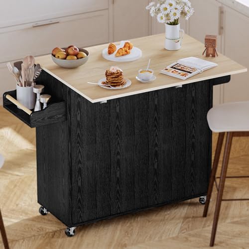 IRONCK Kitchen Island with Storage, Rolling Kitchen Island on Wheels with Drop Leaf, Charging Station, 3 Open Spice Rack, Cabinet, Drawer