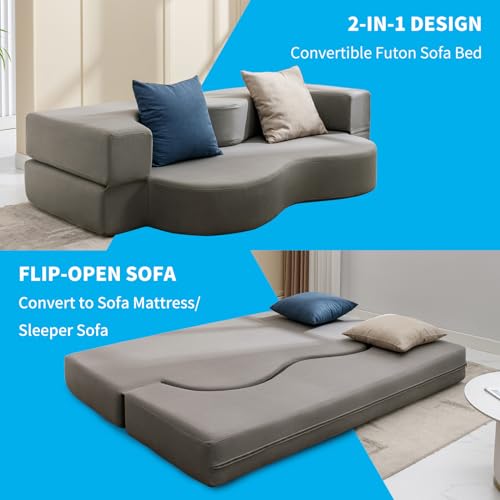 Mjkone Queen Size Floding Sofa Bed, Floor Sofa Bed with Memory Foam, Upholstered Convertible Couch Bed