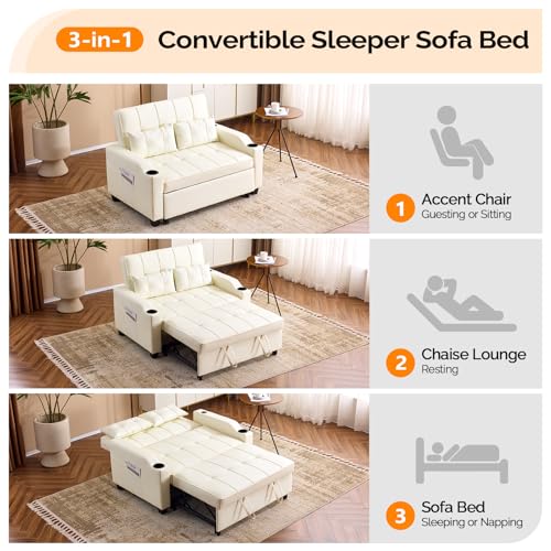 VINGLI Light Green Futon Sofa Bed Convertible Loveseat Sleeper Couch, Faux Leather Pullout Sofa Fold Out Couch Bed with USB Ports, Cup Holders