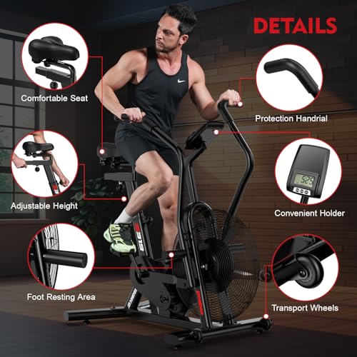 pooboo Exercise Bike, Stationary Bike for Home Gym, Air Resistance Bluetooth Fan Bike w/Dual Acction Handlebars & Dual-Layer Transmission System