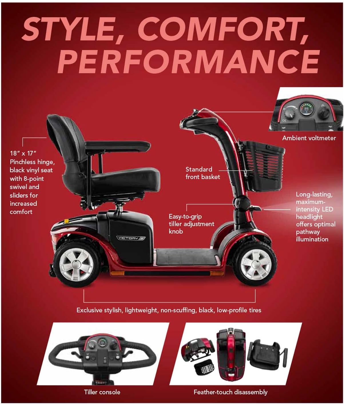 Pride Mobility Victory 9 4 Wheel SC709 Mobility Scooter, Candy Apple, Outdoor 4-Wheel Travel Electric Mobility Scooter for Adults, 300 lbs. WC