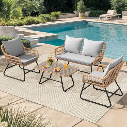 YITAHOME 4-Piece Patio Furniture Wicker Outdoor Bistro Set, All-Weather Rattan Conversation Loveseat Chairs for Backyard