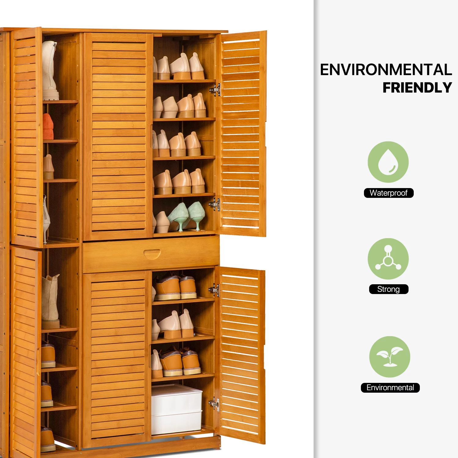 Magshion Bamboo 10 Tiers 1 Drawer Shoes Cabinet, 43 Pairs Storage with Shutter Doors, Brown, for Entryway