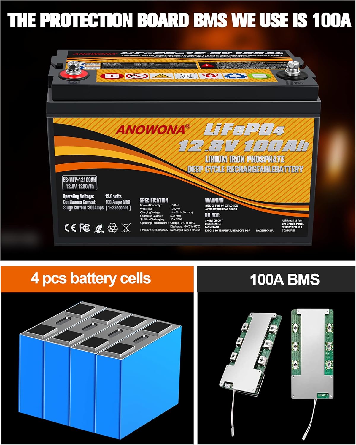 12.8V 100Ah Lithium Iron LiFePO4 Deep Cycle Battery, Built-in 100A BMS, 5000+ Cycles, Perfect for RV, Solar, Marine, Overland