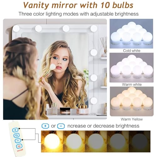 Vanity Desk with Mirror and Lights, with Power Outlet and 10 Lights Modern Capacity Makeup Vanity with 3 Drawers, Makeup Table for Bedroom