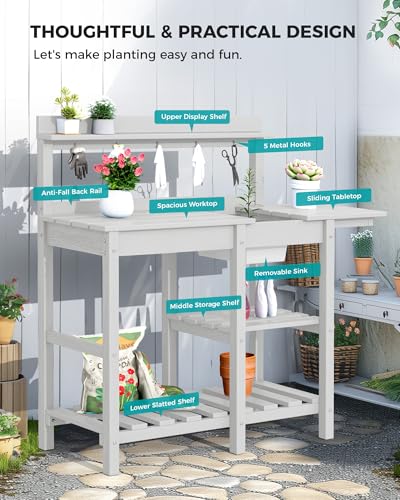 SERWALL Potting Bench Outdoor Potting Table with Sink, HDPE Potting Benches for Outside Gardening Table All Weather Use- Black