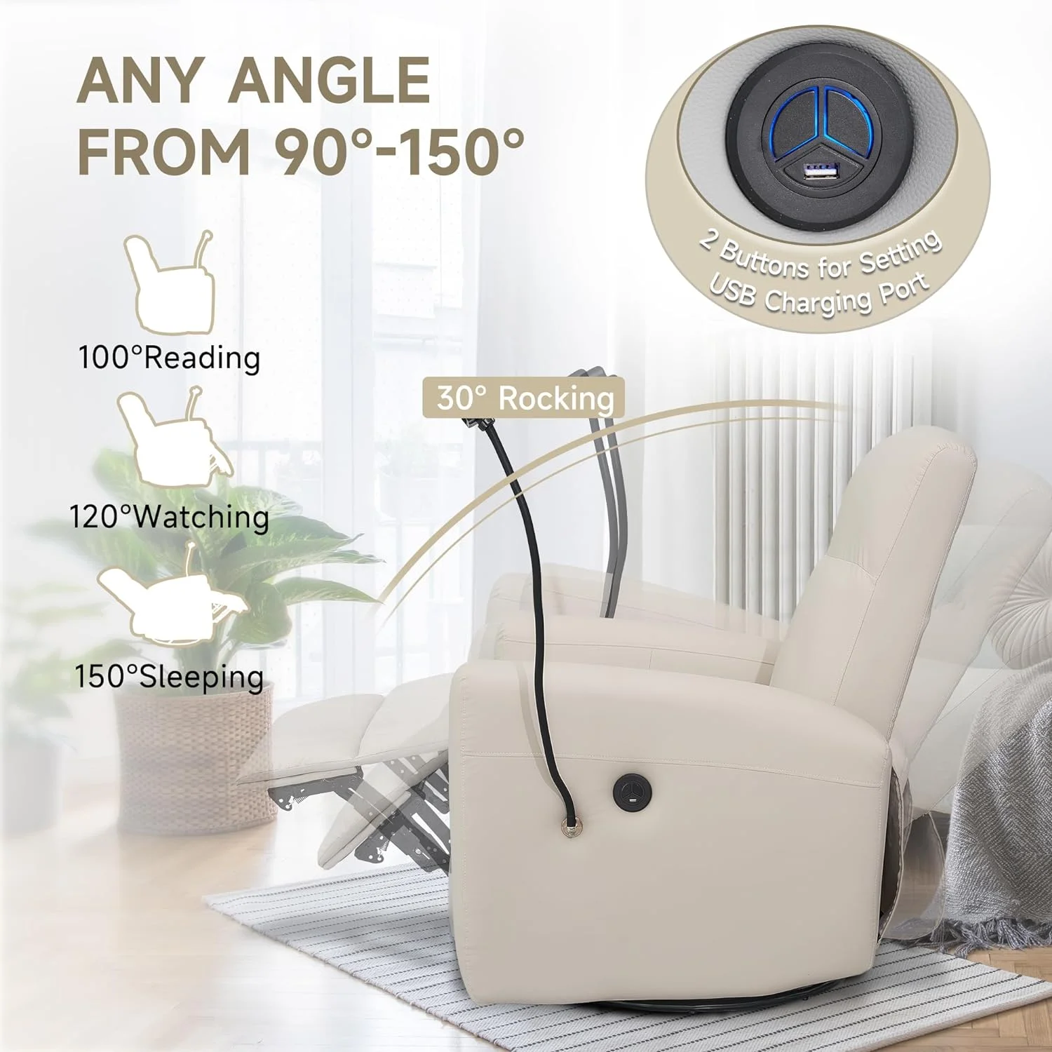 Alwalue Swivel Rocking Chair Power Recliner Chair with USB Port Side Pocket and Phone Holder Rocker Glider for Nursery Living Room - Creamy White