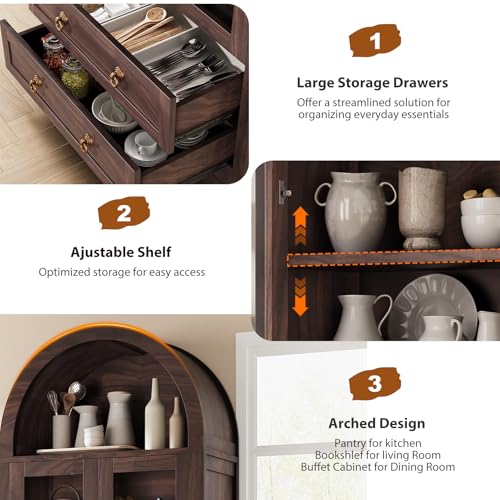 Kitchen Pantry Cabinet, Arched Bookshelf Bookcase China Pantry Storage Cabinet with Drawers Doors and Shelves