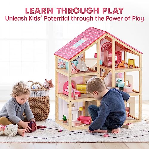 Tiny Land Wooden Dollhouse for Girls - 6 Rooms Wooden Doll House, DIY Pretend Doll House with 31Pcs Furniture Accessories