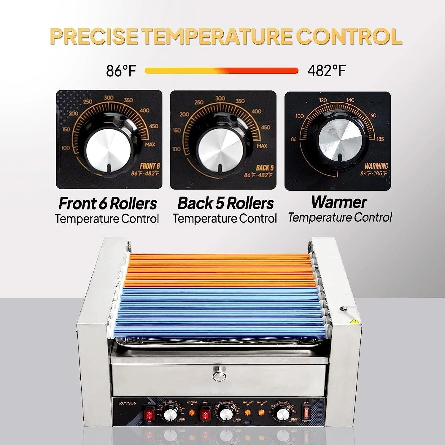 ROVSUN Hot Dog Roller Warmer 2000W, 11 Rollers 30 Hot Dog Roller Grill Cooker Machine w/Bun Warmer, Cover, Dual Temp Control, LED Light